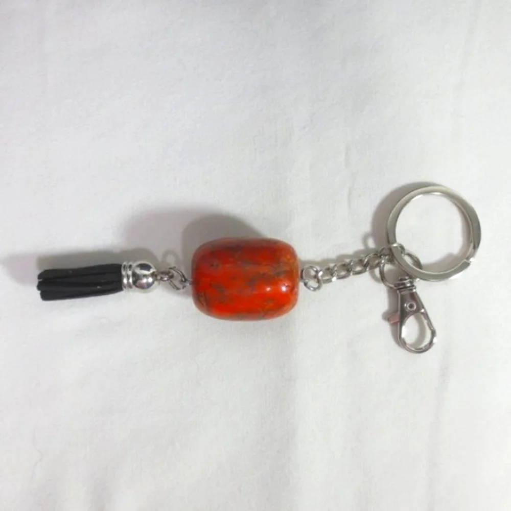 New Handcrafted Keychain Bag Charm Orange Beaded Boho Leather Tassel Swivel Clip